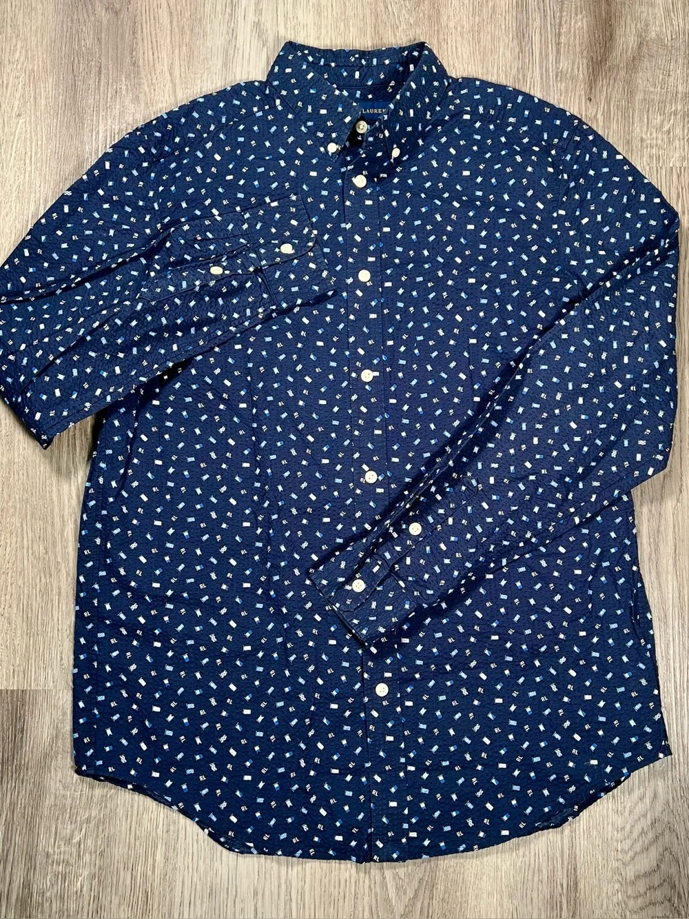 Ralph Lauren Boys XL Nautical Seersucker Long Sleeve Button Down Shirt Navy blue